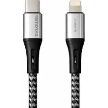 Prime Wahoo Type C-Lightning Örgülü 27WATT Pd Hızlı Şarj Kablosu, Siyah+Gri/gümüş Metal (100 Cm)