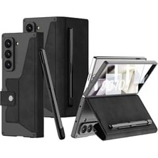 Prime Galaxy Z Fold 6 Kılıf Kamera Korumalı Kadife Tasarımlı Kıpta Kalemli Fest Kapak-Siyah