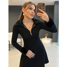 Lune Store Kadın Uzun Kollu Kürk Yakalı Fermuarlı Kısa Viskon Iki Iplik Elbise