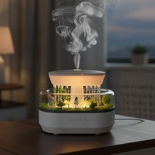 Prime Minyatür Orman Tasarımlı Yağmur Bulutu Hava Nemlendirici ve Aroma Difüzörü, Beyaz-Gri, 7 Renkli Led, Ultrasonik Soğuk Buhar, 21X15X12 cm