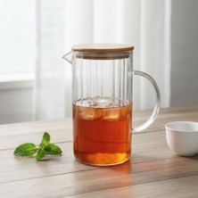 Prime 1000 ml Bambu Kapaklı Borosilikat Cam Yağlık ve Sürahi - Dayanıklı Çizgili  Desenli Modern Meşrubat ve Su Karafı (9X17 Cm)
