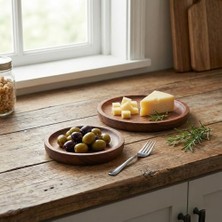 Prime 2'li Doğal Akasya Ahşap Yuvarlak Servis Tabağı ve Çerezlik Seti – 12 cm ve 15 cm Kahvaltılık, Sosluk ve Sunum Kasesi (Ikili Takım)