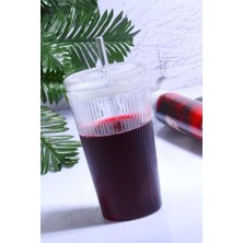Prime Porselen Diyarı Cam Pipetli Çizgili Kapaklı Özel Tasarım Cam Limonata ve Meşrubat Bardağı Şeffaf