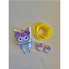 Prime Set 18W-20W Şarj Adaptörü ile ile Uyumlu Mavi Kuromi Figürlü Şarj Başlığı ve Şarj Kablo Koruyucu