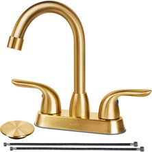 Prime Soka 2 Kulplu Banyo Bataryası Altın, 10 cm Altın Banyo Lavabo Bataryası Kaldırma Çubuğu Tahliye Durdurucu ve Besleme Hortumları Ile, Rv Banyo Bataryası 3 Delikli, Fırçalanmış Altın Banyo Bataryası