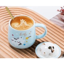 Prime Sevimli Kawai Kedi Kapaklı Kaşıklı 3D Kupa Bardak Mavi, Mavi, 3D Sevimli Kedi Figürlü