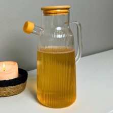 Prime Borosilikat Cam Yağdanlık 1000 ml Bambu Kapaklı Yağ Sürahisi, Yağ ve Sirke Kabı