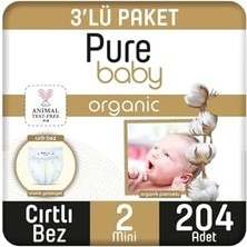 Prime Pure Baby Organik Pamuklu Cırtlı Bez 3'lü Paket 2 Numara Mini 204 Adet