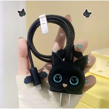 Prime 18W/20W Şarj Başlığı Ile Uyumlu 3D Animasyon Şarj Başlığı ve Kablo Koruyucu Set, Siyah Kedi