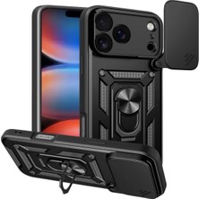 Prime - 17 Pro Max ile Uyumlu Kılıf Kamera Korumalı Sürgülü Yüzüklü Armor Military Tank Kızaklı Sert Kapak - Siyah