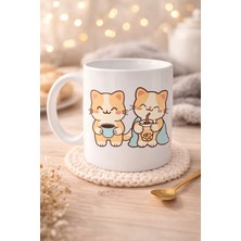 Vuralsin38 Sevimli Kedi Tasarımlı Porselen Kupa Model 194 – Ikili Cute Cat Baskılı Kahve Kupası – Kedi Severlere Hediyelik Porselen Kupa Bardak 330 ml