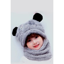 Bundera Panda Kapşonlu Peluş Bere Atkı Rüzgar Geçirmez Kız Çocuk Gri 2 - 3 Yaş Kış Aksesuarı