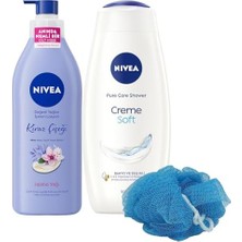 Prime Creme Soft Duş Jeli 500ML ve Kiraz Çiçeği Nemlendirici Vücut Bakım Losyonu 400ML, Banyo Lifi Hediye