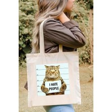 Prime I Hate People Bez Çanta Kedi Baskılı Komik Yazılı Ham Bez Çanta