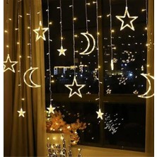 Prime Ay Yıldız Figürlü Perde LED Işık, 3.5 Metre 12 Sarkıtlı Dekoratif Aydınlatma, 8 Fonksiyonlu ve Eklenebilir Fişli, 3200K Günışığı (Sarı) Ramazan ve Ev Dekoru