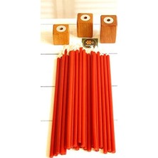 Prime (50 Adet) Mum ve (3 Adet) Özel Dizayn Ahşap Mumluk Dilek Mumu Doğal Petek Mum Tören Parti Doğum Günü Beeswax Candle (Kırmızı)