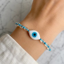 Atelier Çağla Beyaz Cam Murano Nazar Boncuğu Mavi Ip Bileklik