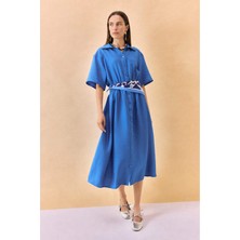 DeFacto Regular Fit Gömlek Yaka Beli Büzgülü Kısa Kollu Midi Elbise H6196AX26HS