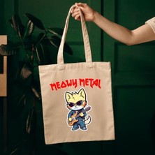Prime Kedi Baskılı Ham Bez Çanta Metalci Kedi