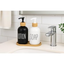Prime 2’li Cam Sıvı Sabunluk ve Losyonluk Seti | 500 ml Siyah & Beyaz Boyalı Cam | Bambu Kapak ve Ahşap Altlıklı Banyo Seti | Şık ve Dayanıklı Tasarım