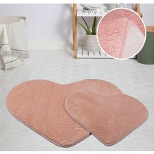 Prime My Evilla Modern Dekoratif Halı Jel Kaymaz Taban Peluş Kalp Model Pembe Paspas Takımı 70X100-70X60