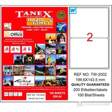 Tanex TW-2002 100 Adet 199,6 x 143,5 mm Laser Etiket A4 Formatında Yüksek Kalite