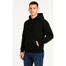 Lune Store Erkek Ovarsize Kapüşonlu Swetshirt Kanguru Çepli Cıtcıtlı 3 Iplik Şardonlu Hoodie - Siyah