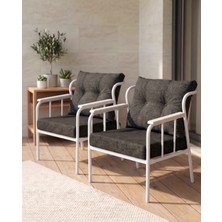 Azra Mobilya Paris Metal Iskeletli Siyah Keten Dokulu Balkon Bahçe Berjeri 2’li Set Beyaz Gövde Modern Tekli Koltuk