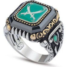 Innuendo Jewelry 925 Ayar Gümüş Yeşil Zeminli Zülfikar Kılıcı Motifli Erkek Yüzük