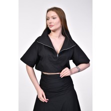 Bebe Plus Geometrik Dikiş Detaylı Siyah Crop Bluz  - Siyah Siyah - S