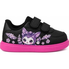 Lias Design Mor Tatlı Tatlı Hayvancık Siyah Pembe Taban Bantlı Çocuk Spor Ayakkabı Sneaker