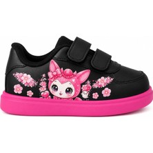 Lias Design Pembe Hayvancık Baskılı Tatlı Siyah Pembe Taban Bantlı Çocuk Spor Ayakkabı Sneaker