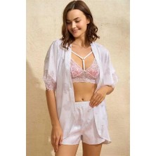 Ang Butik Saten Bride Baskılı Dantelli Sabahlık Balensiz Desteksiz Dolgusuz Bralet Sütyen ve Şort 3’lü Takım