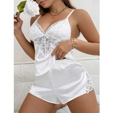 Ang Butik Beyaz Dantel Işlemeli Ince Askılı Saten Şortlu Takım