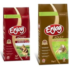 Vuralsin38 Enjoy Kuru Köpek Maması, L&r Kuzu Etli ve Pirinçli, Yetişkin 20/9, 15 kg ve Enjoy Kuru Kedi Maması, Tavuklu, Yetişkin, 15 kg Kahverengi