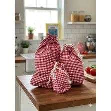 Sumicorn Design Kırmızı Pötikareli Ekolojik Büzgülü Bez Kese,çevre Dostu Düzenleyici Kese,mutfak Kesesi (3lü Set)
