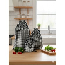 Sumicorn Design Siyah Pötikareli Ekolojik Büzgülü Bez Kese,çevre Dostu Düzenleyici Kese,mutfak Kesesi (3lü Set)