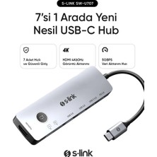 S-link SW-U707 HDMI OnOff Gri Metal 7 in 1 2*USB 3.0, 1*Type-C 3.1, 1*PD, 1* HDMI 4K60HZ, SD ve TF Type C Hub Adaptör