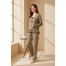 Bnchic Kadın Uzun Kollu Leopar Desenli Fiyonklu Ev Giyim Pijama Takımı