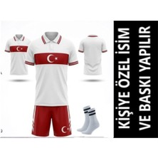 Yenteks Kişiye Özel Isim Numara Yazılır Türkiye Milli Takım  Çocuk Futbol  Forması  Y01 Yakalı Özel Tasarım Beyaz Kırmızı Çorap Hediyeli