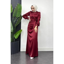 Tesettür Diyarı Roya Model Yandan Bağlamalı Saten Abiye-Bordo