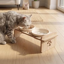Die Grup Ahşap Standlı Çift Kaseli Pet Mama Kabı, Seramik Kase, Kedi ve Küçük/orta Boy Köpek Uyumlu (Paspas Hediyeli) (Beyaz)