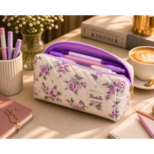 Nartella Roses Serisi Lila Gül Desenli Kapitone Makyaj Çantası – Büyük Boy Organizer (20×10×10 Cm)