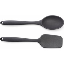 Silikon Kaşık & Pişirme-Servis Kaşığı (Pilav Kaşığı/kürek Spatula) Seti – Dayanıklı, Çizmez, Askılı Tek Parça Tasarım (Gri)