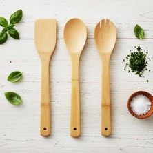 3'lü Bambu Mutfak Gereç Seti – Doğal Ahşap Spatula, Kaşık ve Servis Çatalı | Yapışmaz Tencere Dostu, Antibakteriyel ve Dayanıklı Ahşap Mutfak Seti (30 Cm)