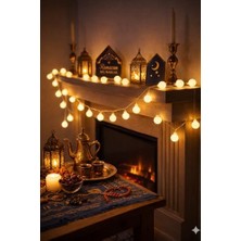 Vuralsin38 Ramazan Süsleri, Ramazan Tavan Süsü 1,5 Metre Beyaz Boncuk LED Sarı Işıklar Işıkları Aydınlatmalı Şerit LED Ramazan Süsü LED Işık