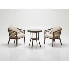Monalin Home Garden Bodrum Kahverengi 2 Kişilik(1-1-Masa) Rattan Örgü Bahçe & Balkon & Teras Oturma Grubu Minderli & Camlı & Masalı Takım