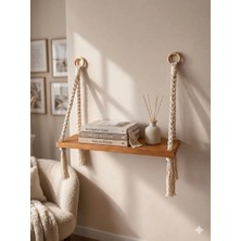 Vobu Home & Life Design Makrome Askılı Masif Ahşap Duvar Rafı – Bohem, Minimal & Rustik Dekoratif Raf