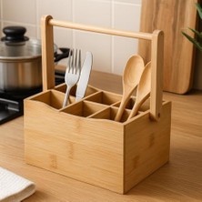Vuralsin38 Bambu Taşıma Kulplu Çok Amaçlı Düzenleyici - 6 Bölmeli Çatal Bıçaklık | Ofis, Banyo ve Masaüstü Caddy Organizer (21.6X14X12.7 Cm)