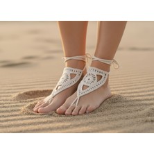 Irısıma Boho Stil Barefoot Sandal – El Yapımı Ekru Ayak Aksesuarı (Çift)